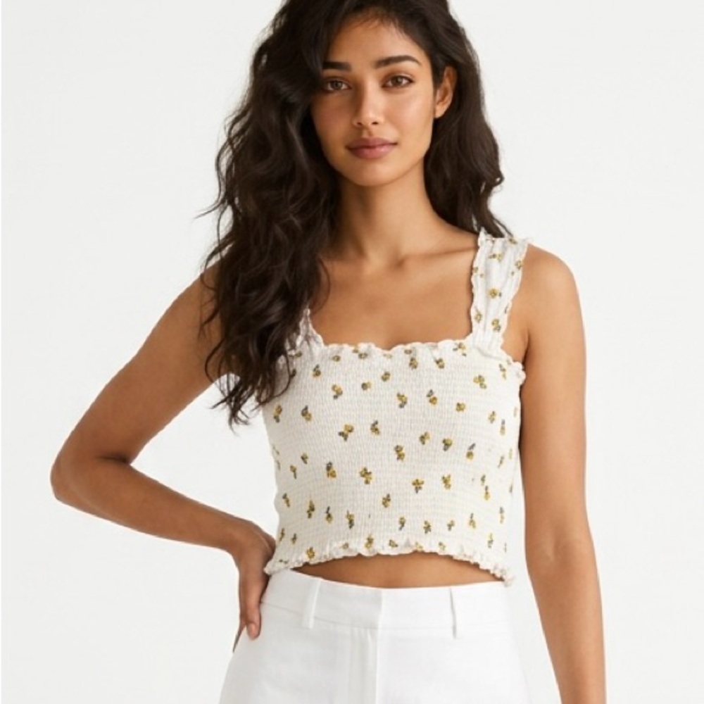 Reformation White Floral Smocked Crop Top Size Small